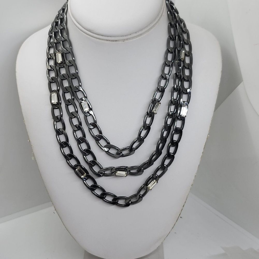 Gun Metal‎ Triple Strand Necklace With Rhinestones